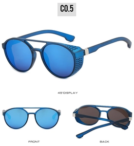Steampunk sunglasses with blue lenses and mesh side shields shown from multiple angles