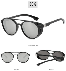 Steampunk sunglasses with black round frame, silver lenses and side shield details