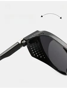 Close-up of durable hinge and unique perforated side vents on black steampunk sunglasses