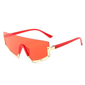 Oversized wrap sunglasses with red lenses and gold studded metal trim detailing