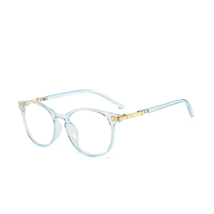 Cat-eye blue light blocking glasses with clear light blue frame and gold metal accents