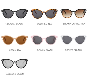 Kollektion von Cat-Eye-Sonnenbrillen in sieben Farben mit getönten Gläsern und Retro-Rahmen