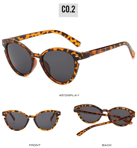 Drei Ansichten der Cat-Eye-Sonnenbrille in Schildpatt mit Metallnieten und dunklen Gläsern