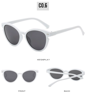 Drei Ansichten einer weißen Cat-Eye-Sonnenbrille mit grauen Gläsern und Nieten