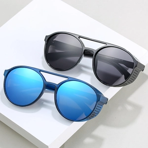 Steampunk round sunglasses with double bridge and mesh side shields in black and blue