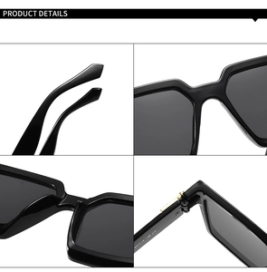 Detailansicht der quadratischen Sonnenbrille mit Metallscharnieren und Bügeldesign