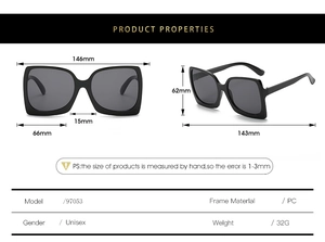 Detailed size specifications for oversized square frame PC sunglasses with dimensions