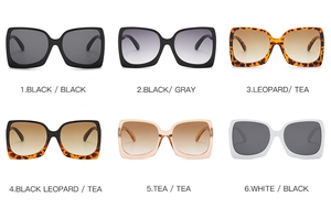 Grid view of oversized square sunglasses in black, grey, leopard, and white frames