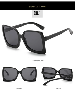 Three-view display of oversized square sunglasses featuring black frames and dark lenses