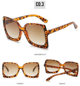 Three-view display of oversized square leopard print sunglasses with gradient lenses