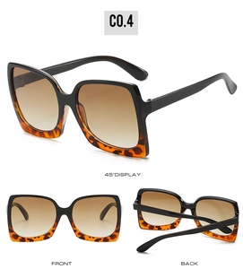 Three views of oversized square sunglasses with black and tortoise shell frames