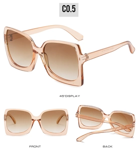 Three-view display of oversized square champagne frames with gradient brown lenses