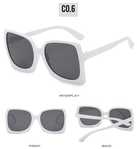 Detailed views showing front, back, and 45-degree angle of white square oversized sunglasses