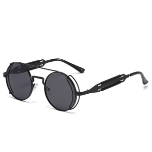 Retro Round Steampunk Sunglasses Metal Frame Spring Legs UV400 Protection Vintage Hip Hop Eyewear For Men And Women