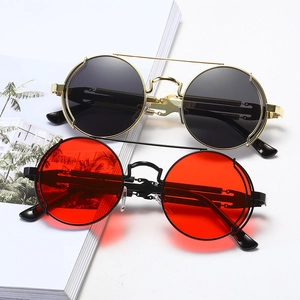 Steampunk round sunglasses with metal frames and double spring temples in gold and black