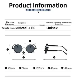 Detailed size chart for steampunk sunglasses with 49mm lens width and metal frames