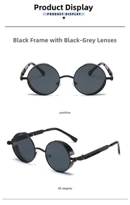 Detail view of steampunk sunglasses with black metal frames and spring hinge temples