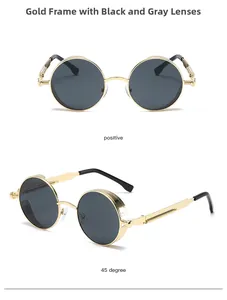 Detail view of steampunk metal sunglasses with spring temples and round dark lenses
