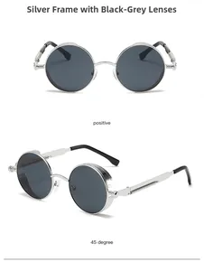 Detail view of steampunk sunglasses with silver metal frame and spring temple design