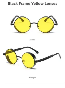 Steampunk round sunglasses with black frames and yellow lenses shown from two angles