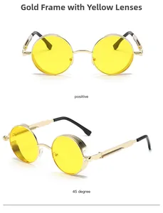 Front and 45-degree views of yellow lenses steampunk sunglasses with gold metal spring frame