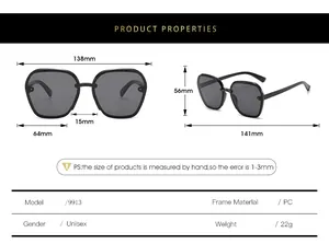 Detailed size chart for black square sunglasses showing frame dimensions and PC material specs