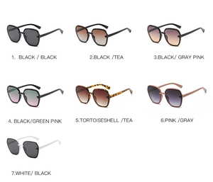 Fashionable oversized square sunglasses set showing seven distinct color frame and lens combinations