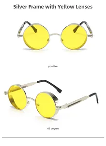 Steampunk round sunglasses with silver metal frame and yellow lenses showing spring hinge detail