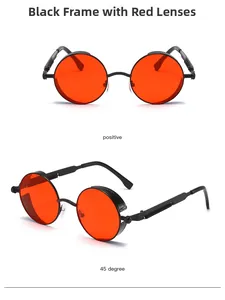 Detail of steampunk sunglasses with black metal spring temples and red circular lenses