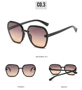 Three views of black square sunglasses with purple orange gradient lenses on white background