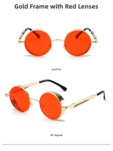 Steampunk round sunglasses with gold metal frame, red lenses, and side shields
