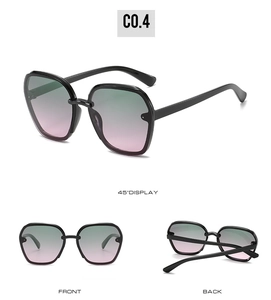 Three-view display of black square sunglasses with green to pink gradient lenses