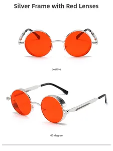 Steampunk round sunglasses with silver metal frames and orange lenses showing dual views