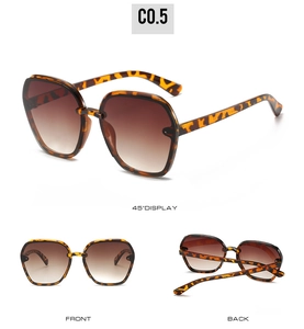 Close-up detail of tortoise shell sunglasses showing front, back, and side frame views