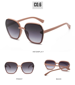 Three-angle view of pink square sunglasses with grey gradient lenses and wide frame