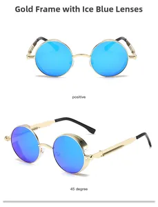 Detail of steampunk round sunglasses featuring gold metal spring legs and ice blue lenses