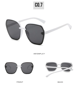 Three-angle view of oversized white sunglasses with black lenses and metal bridge detail