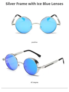 Detail of steampunk sunglasses with silver metal frame and ice blue round mirror lenses