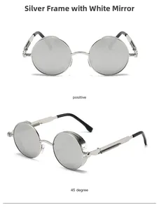 Steampunk round sunglasses detail showing silver metal frames and decorative spring temples