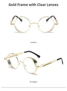 Detail of vintage round metal glasses frame with gold hollow carving and clear lenses