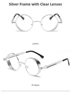 Steampunk sunglasses with silver metal frames and side shields in front and 45-degree views