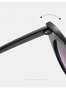 Détail des charnières métalliques et verres violets sur lunettes de soleil œil-de-chat