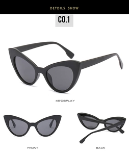 Vue détaillée multi-angles de lunettes de soleil œil-de-chat noires avec vue avant et arrière