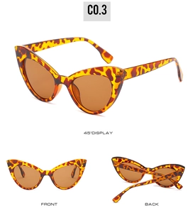 Mise en page trois vues de lunettes de soleil œil de chat léopard et verres bruns