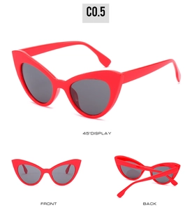 Vues détaillées de lunettes de soleil œil de chat rouges sous trois angles différents