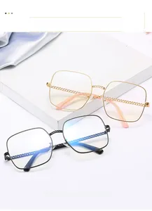 Detail of square oversized metal frames with unique chain texture on the temples