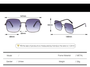 Detailed dimensions of oversized square gradient sunglasses with gold metal frames