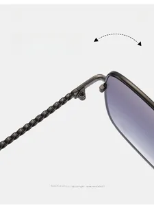 Macro detail of sunglasses with high-strength metal hinge and black chain temple design