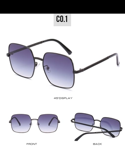 Multi-angle view of square sunglasses featuring chain temples and purple gradient lenses