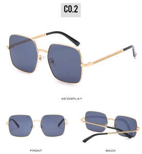 Three-way view of large square metal sunglasses with detailed chain design temples